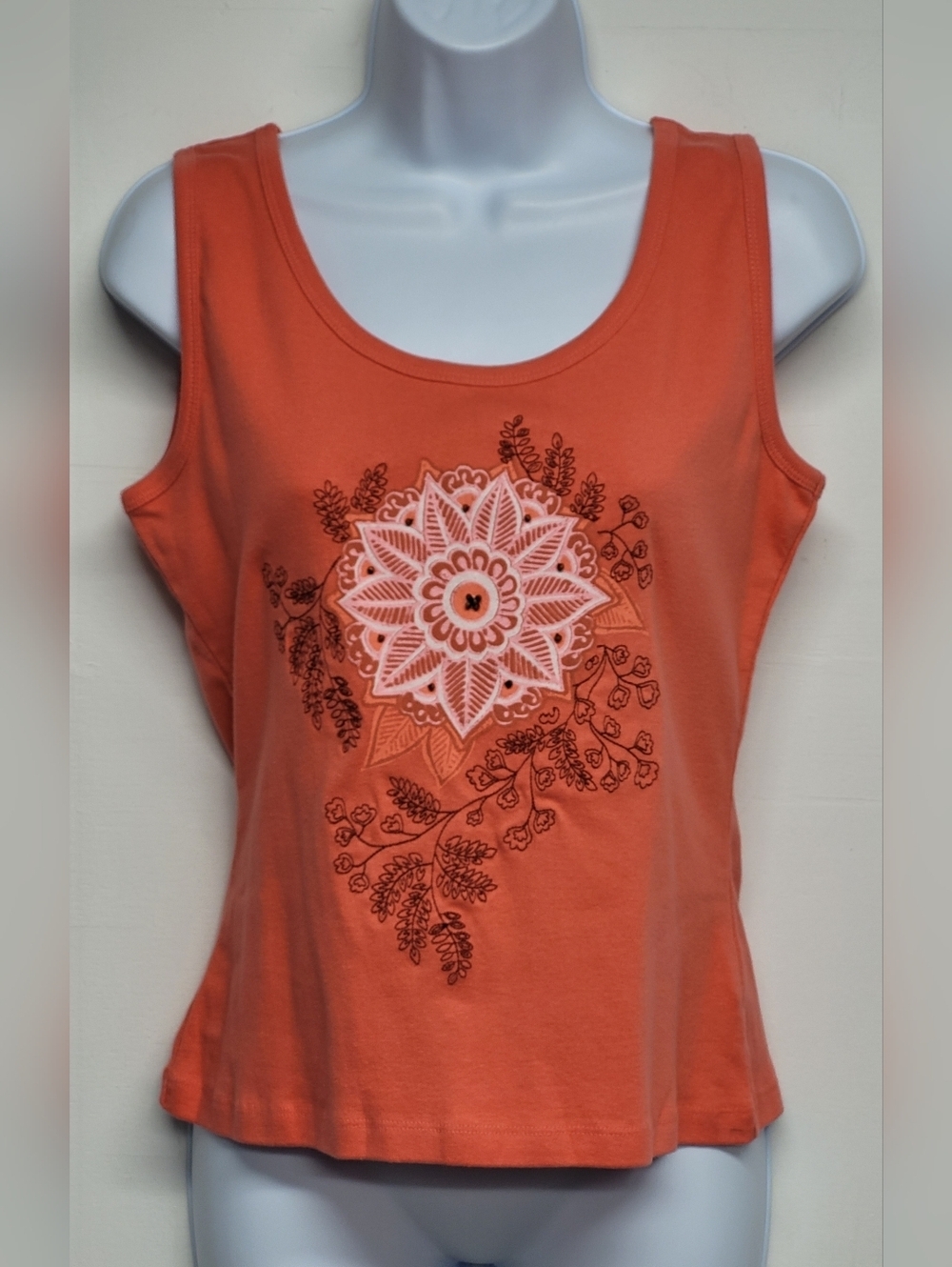 Sonoma Petite PS Coral Orange Tank Embroidered Embellished Cotton New